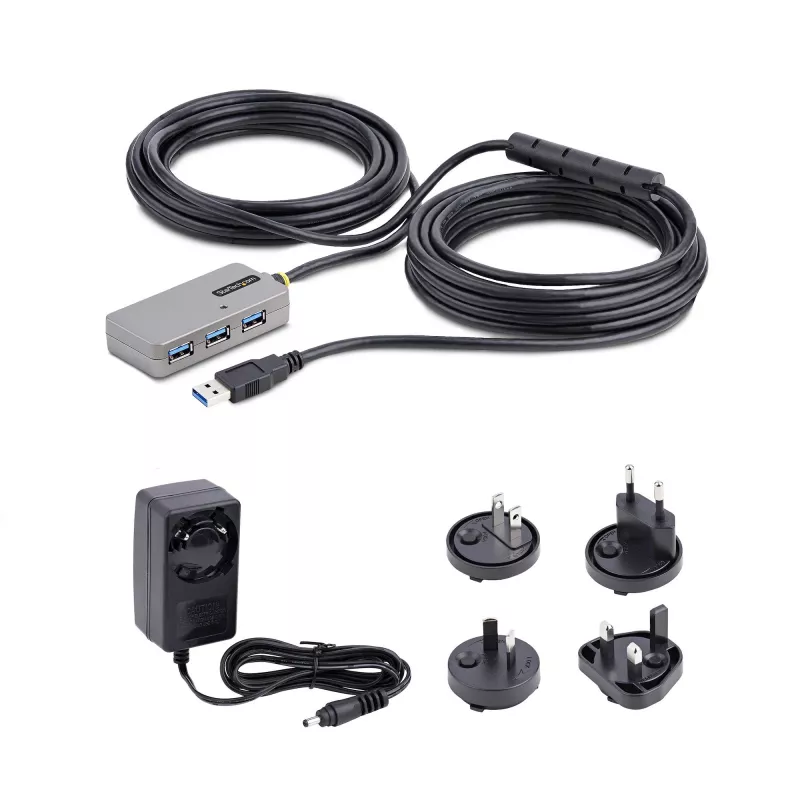 StarTech.com USB 3.0 ilgintuvas su 4 prievadų USB-A šakotuvu, 10 m, aktyvus / maitinamas iš magistralės, su pasirenkamu 20 W maitinimo adapteriu, ESD apsauga