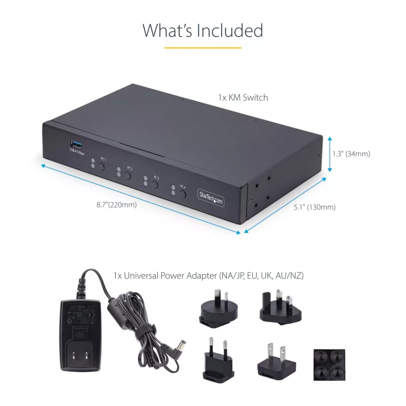 StarTech.com 4 prievadų USB jungiklis klaviatūrai ir pelei su pelės perjungimu, 3,5 mm / USB garsu, TAA atitikmuo
