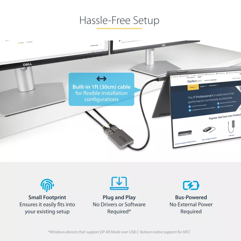 StarTech.com USB-C į dvigubą HDMI MST centras – du HDMI 4K 60Hz – USB Type C kelių monitorių adapteris nešiojamam kompiuteriui su 30cm kabeliu – DP 1.4 kelių srautų perdavimo centras – USB-C į HDMI skirstytuvas