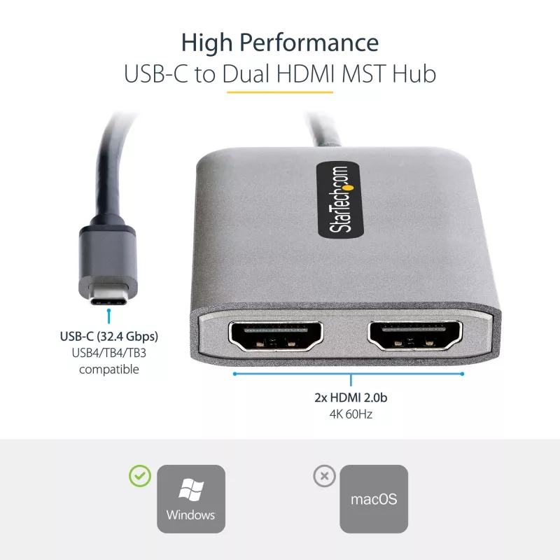 StarTech.com USB-C į dvigubą HDMI MST centras – du HDMI 4K 60Hz – USB Type C kelių monitorių adapteris nešiojamam kompiuteriui su 30cm kabeliu – DP 1.4 kelių srautų perdavimo centras – USB-C į HDMI skirstytuvas