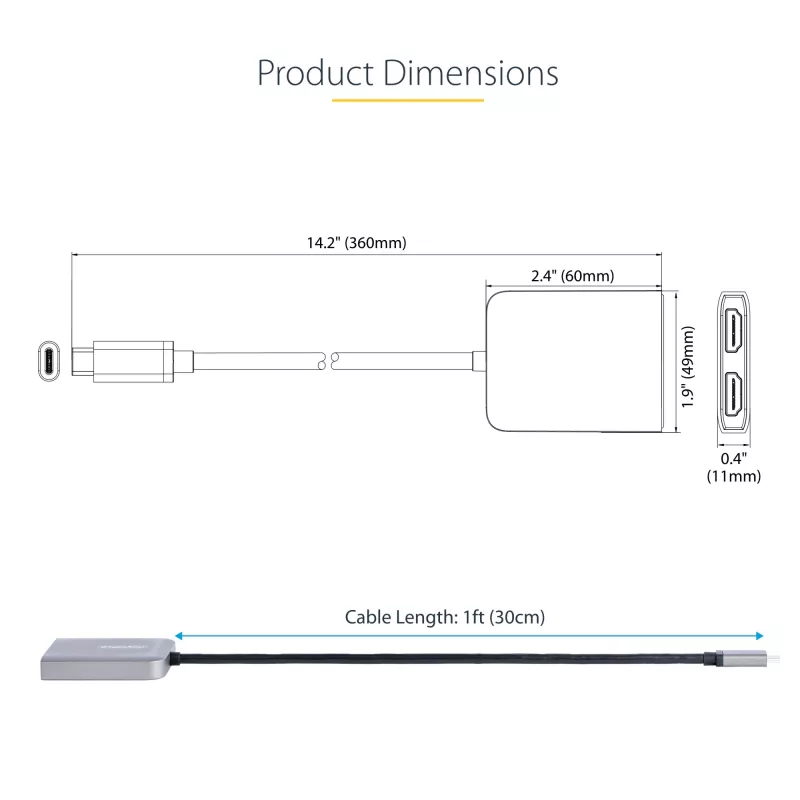 StarTech.com USB-C į dvigubą HDMI MST centras – du HDMI 4K 60Hz – USB Type C kelių monitorių adapteris nešiojamam kompiuteriui su 30cm kabeliu – DP 1.4 kelių srautų perdavimo centras – USB-C į HDMI skirstytuvas