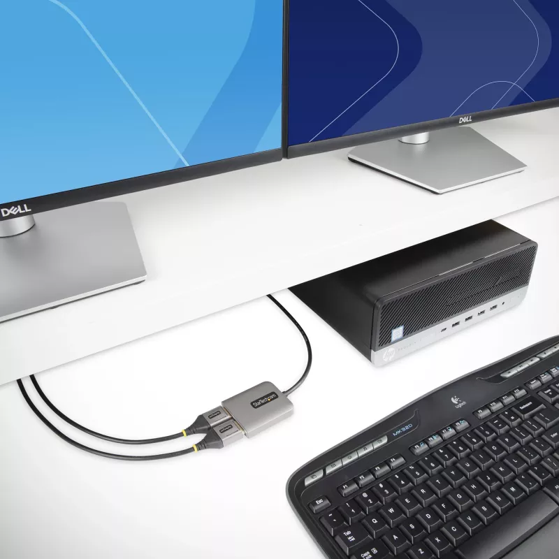 StarTech.com 2 prievadų DisplayPort MST centras, dvigubas 4K 60Hz, DP į 2x DisplayPort monitoriaus adapteris, DP 1.4 kelių monitorių vaizdo adapteris, 30 cm įmontuotas laidas, maitinamas per USB, tik Windows
