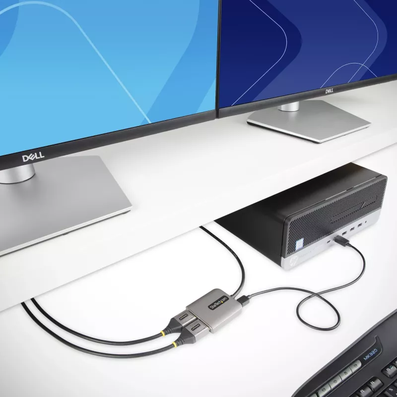 StarTech.com 2 prievadų DisplayPort MST centras, dvigubas 4K 60Hz, DP į 2x DisplayPort monitoriaus adapteris, DP 1.4 kelių monitorių vaizdo adapteris, 30 cm įmontuotas laidas, maitinamas per USB, tik Windows