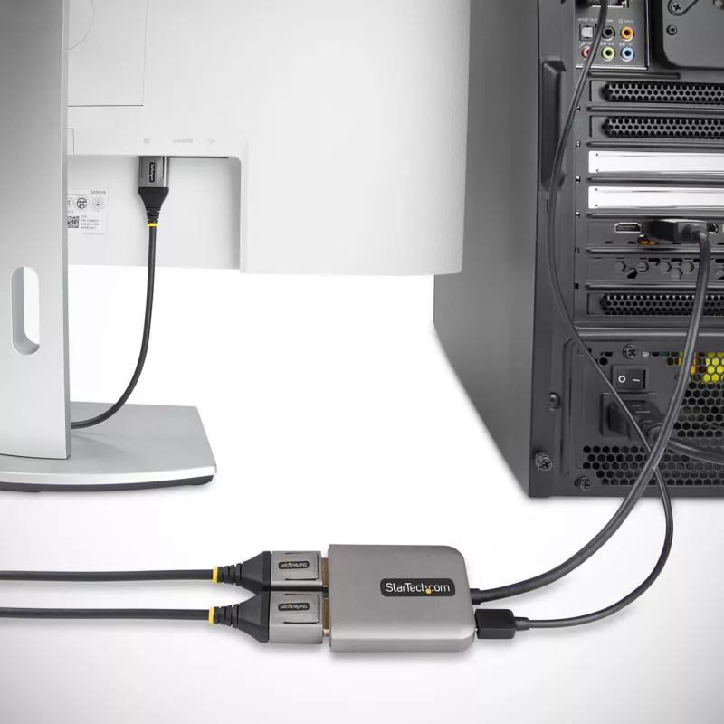 StarTech.com 2 prievadų DisplayPort MST centras, dvigubas 4K 60Hz, DP į 2x DisplayPort monitoriaus adapteris, DP 1.4 kelių monitorių vaizdo adapteris, 30 cm įmontuotas laidas, maitinamas per USB, tik Windows