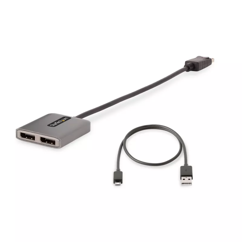 StarTech.com 2 prievadų DisplayPort MST centras, dvigubas 4K 60Hz, DP į 2x DisplayPort monitoriaus adapteris, DP 1.4 kelių monitorių vaizdo adapteris, 30 cm įmontuotas laidas, maitinamas per USB, tik Windows