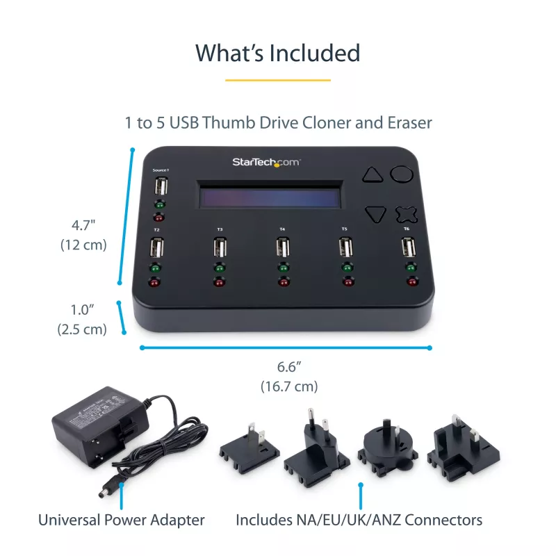 StarTech.com USBDUP15 USB atmintukų kopijavimo ir trynimo įrenginys, 1 į 5, 1,5 GB/min, LCD ekranas
