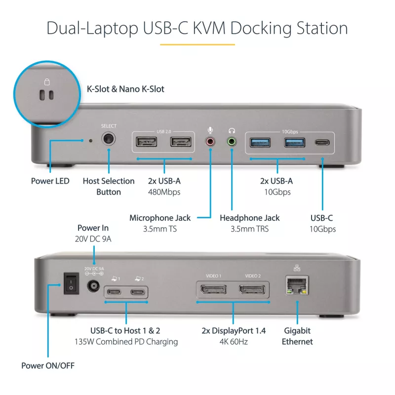 StarTech.com dviejų nešiojamųjų kompiuterių USB-C KVM dokų stotis, dviejų monitorių 4K 60Hz DisplayPort dokas, 5 prievadų USB šakotuvas, GbE, 90W/45W maitinimas dviem nešiojamiesiems, Windows/Mac, 2 pagrindinių KVM dokas - TAA