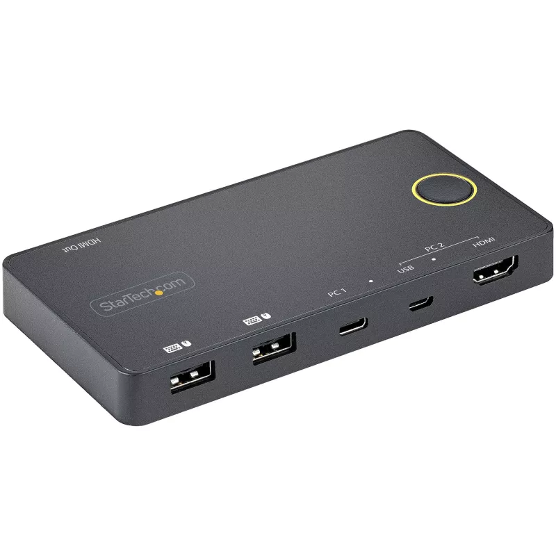 StarTech.com 2 prievadų hibridinis USB-A + HDMI ir USB-C KVM jungiklis – vienas 4K 60Hz HDMI 2.0 monitorius – kompaktiškas stalinis ir/arba nešiojamojo kompiuterio HDMI KVM jungiklis – maitinamas per USB – suderinamas su Thunderbolt 3