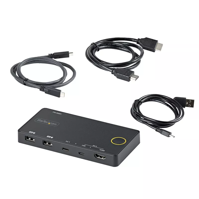 StarTech.com 2 prievadų hibridinis USB-A + HDMI ir USB-C KVM jungiklis – vienas 4K 60Hz HDMI 2.0 monitorius – kompaktiškas stalinis ir/arba nešiojamojo kompiuterio HDMI KVM jungiklis – maitinamas per USB – suderinamas su Thunderbolt 3
