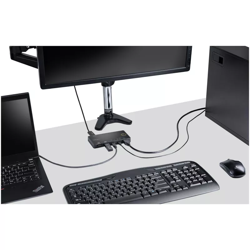 StarTech.com 2 prievadų hibridinis USB-A + HDMI ir USB-C KVM jungiklis – vienas 4K 60Hz HDMI 2.0 monitorius – kompaktiškas stalinis ir/arba nešiojamojo kompiuterio HDMI KVM jungiklis – maitinamas per USB – suderinamas su Thunderbolt 3