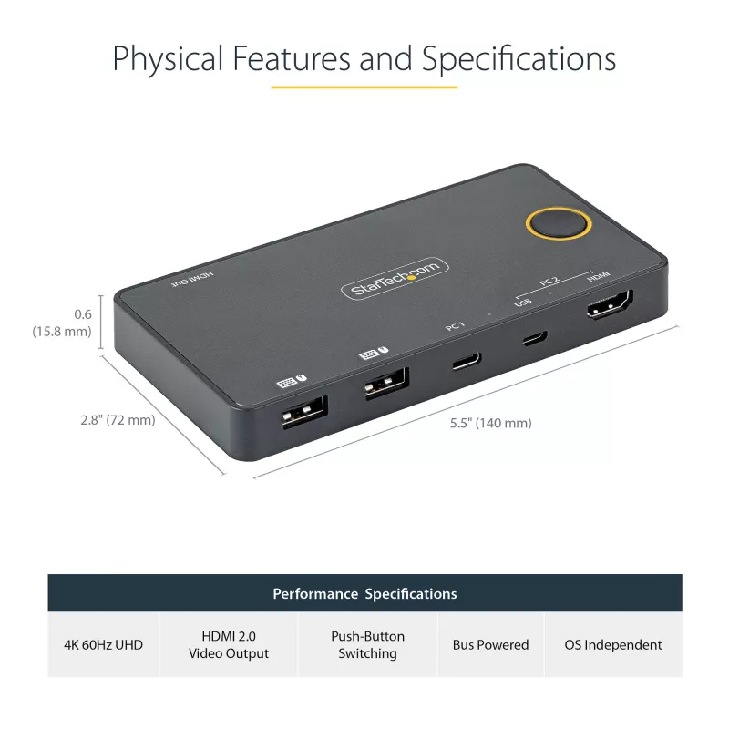 StarTech.com 2 prievadų hibridinis USB-A + HDMI ir USB-C KVM jungiklis – vienas 4K 60Hz HDMI 2.0 monitorius – kompaktiškas stalinis ir/arba nešiojamojo kompiuterio HDMI KVM jungiklis – maitinamas per USB – suderinamas su Thunderbolt 3
