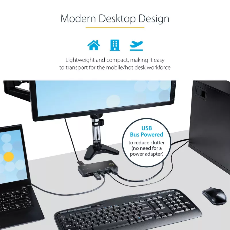 StarTech.com 2 prievadų hibridinis USB-A + HDMI ir USB-C KVM jungiklis – vienas 4K 60Hz HDMI 2.0 monitorius – kompaktiškas stalinis ir/arba nešiojamojo kompiuterio HDMI KVM jungiklis – maitinamas per USB – suderinamas su Thunderbolt 3