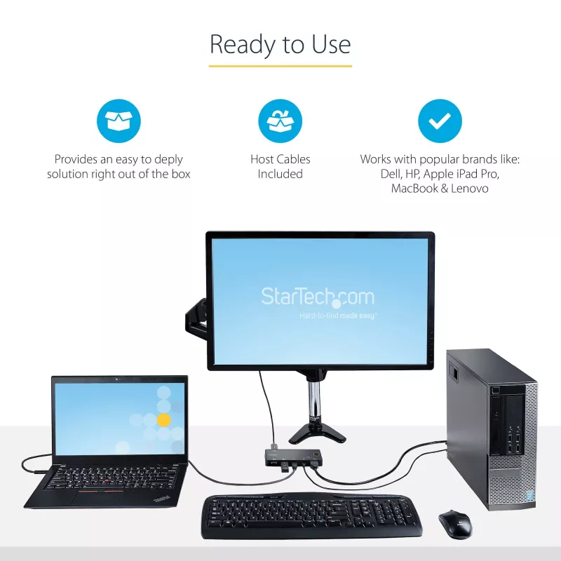 StarTech.com 2 prievadų hibridinis USB-A + HDMI ir USB-C KVM jungiklis – vienas 4K 60Hz HDMI 2.0 monitorius – kompaktiškas stalinis ir/arba nešiojamojo kompiuterio HDMI KVM jungiklis – maitinamas per USB – suderinamas su Thunderbolt 3