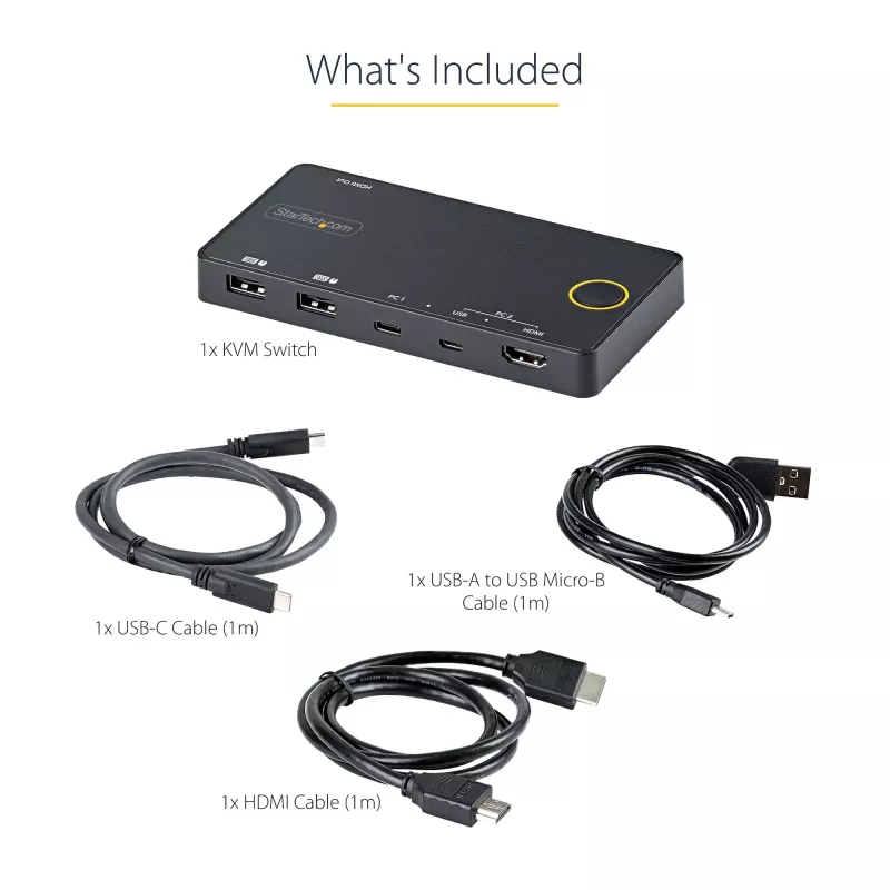 StarTech.com 2 prievadų hibridinis USB-A + HDMI ir USB-C KVM jungiklis – vienas 4K 60Hz HDMI 2.0 monitorius – kompaktiškas stalinis ir/arba nešiojamojo kompiuterio HDMI KVM jungiklis – maitinamas per USB – suderinamas su Thunderbolt 3