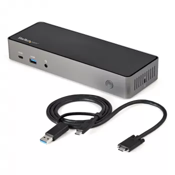 StarTech.com USB-C ir USB-A dokų stotelė - Hibridinė universali trijų monitorių nešiojamojo kompiuterio dokų stotelė su DisplayPort ir HDMI 4K 60Hz - 85W galios tiekimas, 6x USB šakotuvas, GbE, garsas - USB 3.1 Gen 2 10Gbps - TAA