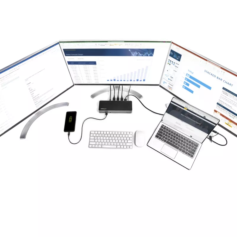 StarTech.com USB-C ir USB-A dokų stotelė - Hibridinė universali trijų monitorių nešiojamojo kompiuterio dokų stotelė su DisplayPort ir HDMI 4K 60Hz - 85W galios tiekimas, 6x USB šakotuvas, GbE, garsas - USB 3.1 Gen 2 10Gbps - TAA