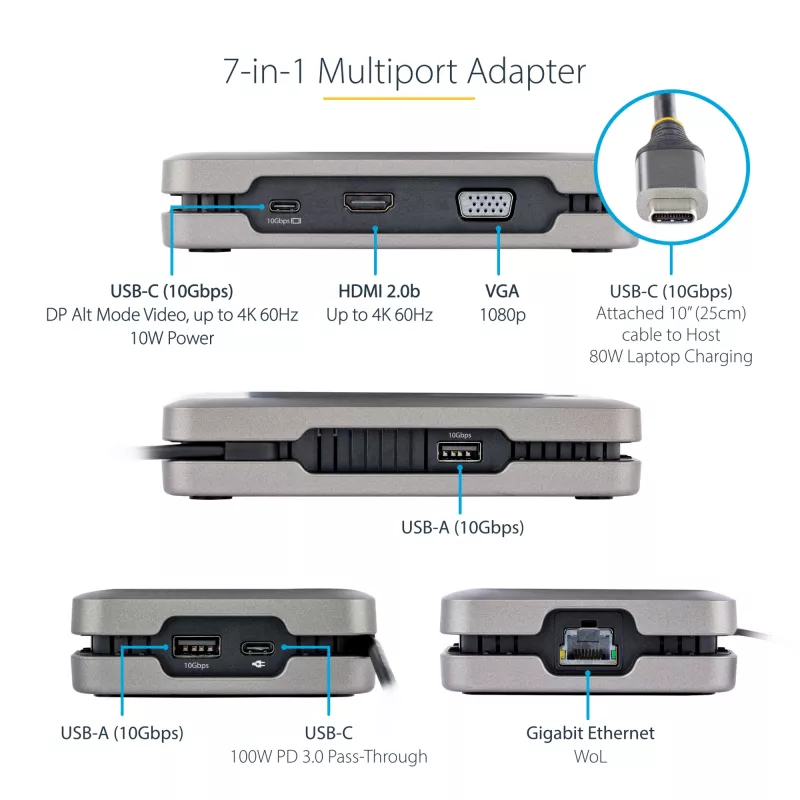 StarTech.com USB-C dviejų monitorių kelių prievadų adapteris iki 4K 60Hz USB-C DP Alt Mode vaizdo išvestis ir HDMI 2.0, arba 1080p VGA, 100W PD perdavimas, USB Type C mini dokas, USB-C dokavimo stotelė, MST šakotuvas