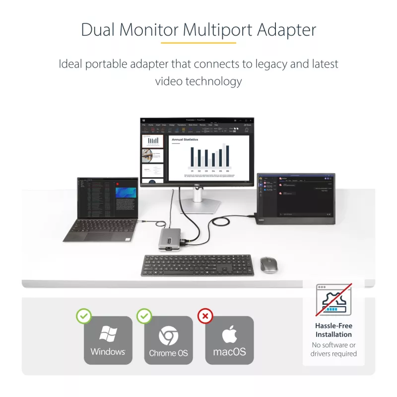 StarTech.com USB-C dviejų monitorių kelių prievadų adapteris iki 4K 60Hz USB-C DP Alt Mode vaizdo išvestis ir HDMI 2.0, arba 1080p VGA, 100W PD perdavimas, USB Type C mini dokas, USB-C dokavimo stotelė, MST šakotuvas