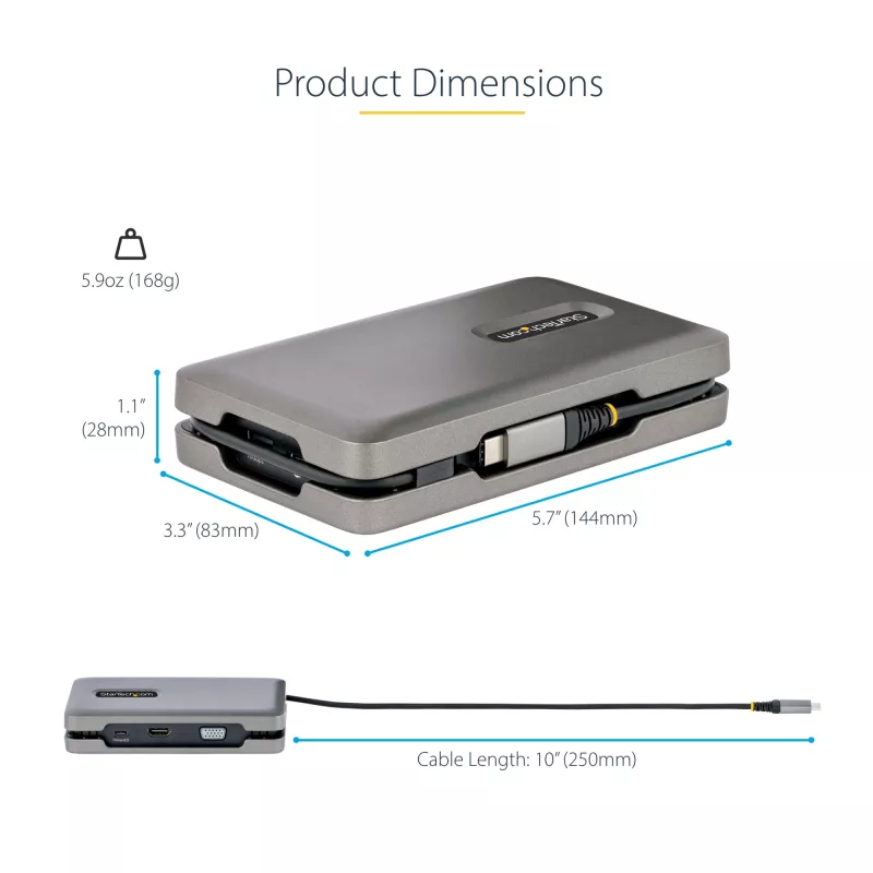 StarTech.com USB-C dviejų monitorių kelių prievadų adapteris iki 4K 60Hz USB-C DP Alt Mode vaizdo išvestis ir HDMI 2.0, arba 1080p VGA, 100W PD perdavimas, USB Type C mini dokas, USB-C dokavimo stotelė, MST šakotuvas