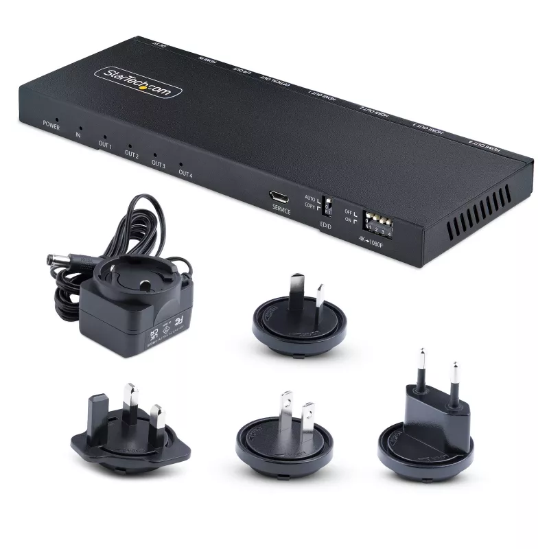 StarTech.com 4 prievadų HDMI skirstytuvas, 4K 60Hz HDMI 2.0, su įmontuotu keitikliu, 1 į 4 išėjimai, 3.5mm/Optinis garsas