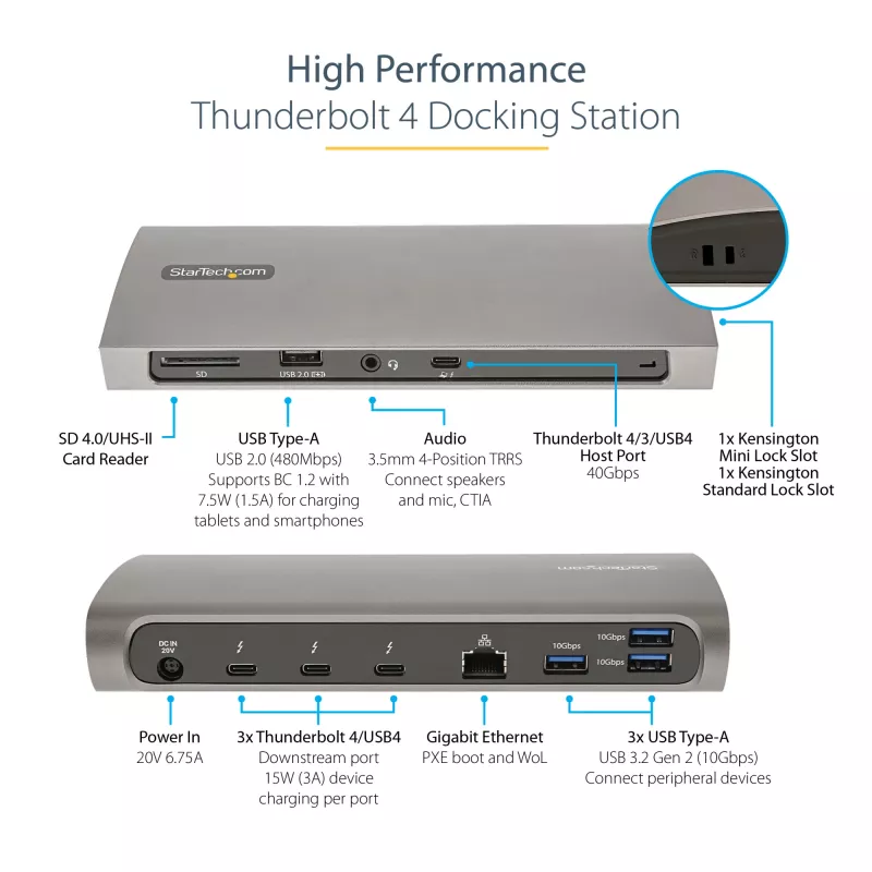 StarTech.com Thunderbolt 4 dokų stotis, 96W galios tiekimas, vienas 8K / du monitoriai 4K 60Hz, 3xTB4/USB4 prievadai, 4xUSB-A, SD, GbE, Thunderbolt 4 dokų stotis, skirta Windows arba TB3 MacBook, 0,8 m kabelis