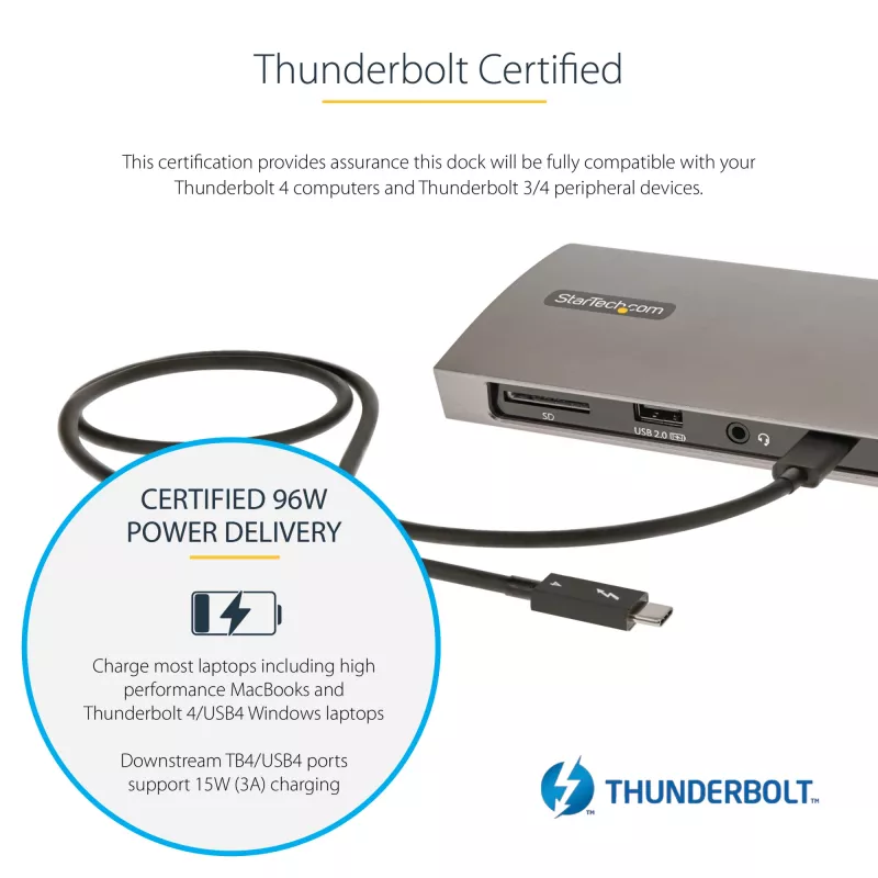 StarTech.com Thunderbolt 4 dokų stotis, 96W galios tiekimas, vienas 8K / du monitoriai 4K 60Hz, 3xTB4/USB4 prievadai, 4xUSB-A, SD, GbE, Thunderbolt 4 dokų stotis, skirta Windows arba TB3 MacBook, 0,8 m kabelis
