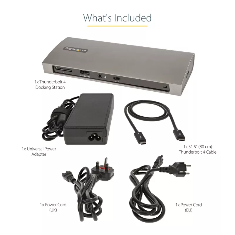 StarTech.com Thunderbolt 4 dokų stotis, 96W galios tiekimas, vienas 8K / du monitoriai 4K 60Hz, 3xTB4/USB4 prievadai, 4xUSB-A, SD, GbE, Thunderbolt 4 dokų stotis, skirta Windows arba TB3 MacBook, 0,8 m kabelis