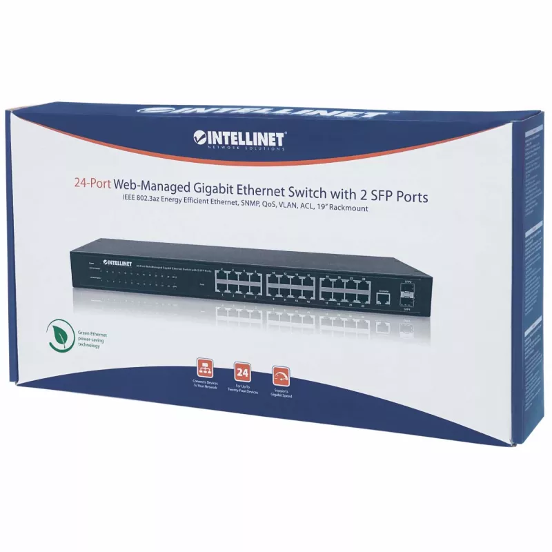 Intellinet 24 prievadų tinklo jungiklis, 24 prievadai (RJ45), montavimui stove, Gigabitas, 4 SFP, Ethernet Web-Smart, 10/100/1000 Mbit