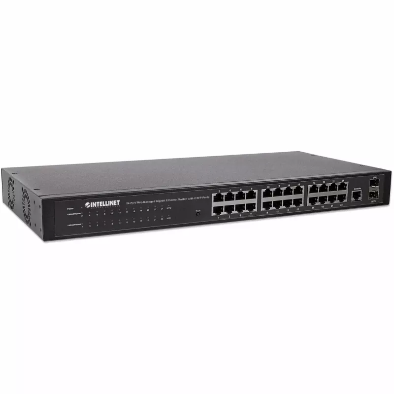 Intellinet 24 prievadų tinklo jungiklis, 24 prievadai (RJ45), montavimui stove, Gigabitas, 4 SFP, Ethernet Web-Smart, 10/100/1000 Mbit
