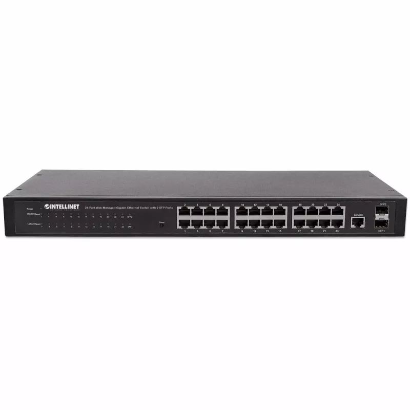 Intellinet 24 prievadų tinklo jungiklis, 24 prievadai (RJ45), montavimui stove, Gigabitas, 4 SFP, Ethernet Web-Smart, 10/100/1000 Mbit