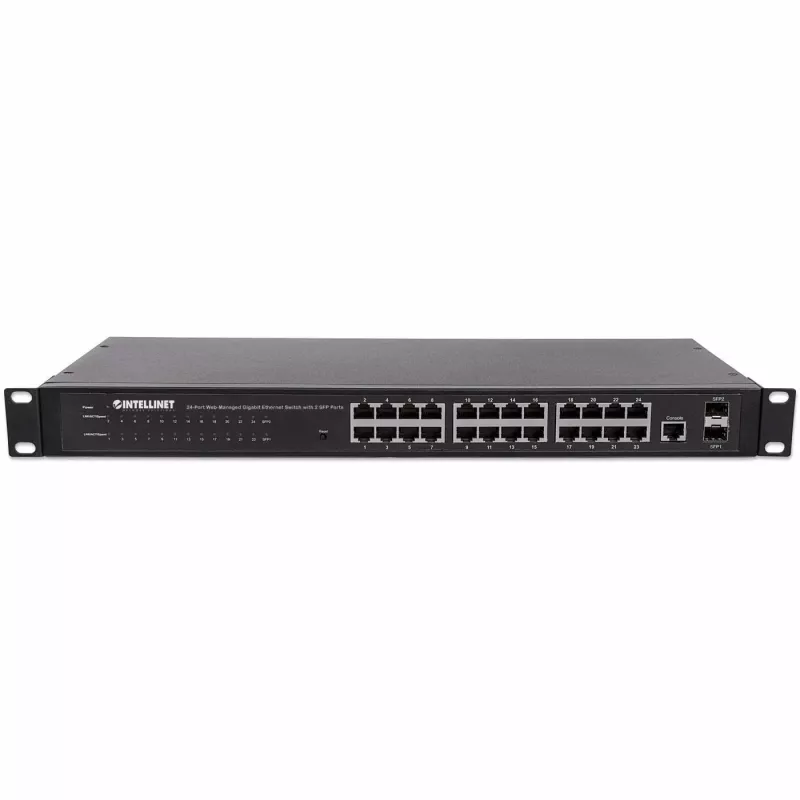 Intellinet 24 prievadų tinklo jungiklis, 24 prievadai (RJ45), montavimui stove, Gigabitas, 4 SFP, Ethernet Web-Smart, 10/100/1000 Mbit