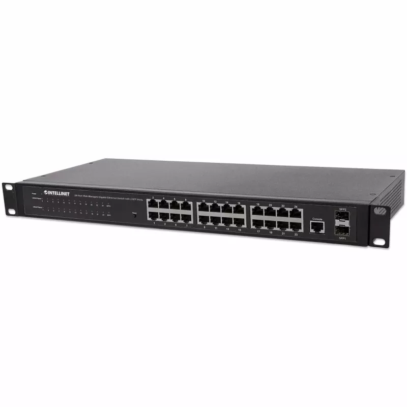 Intellinet 24 prievadų tinklo jungiklis, 24 prievadai (RJ45), montavimui stove, Gigabitas, 4 SFP, Ethernet Web-Smart, 10/100/1000 Mbit