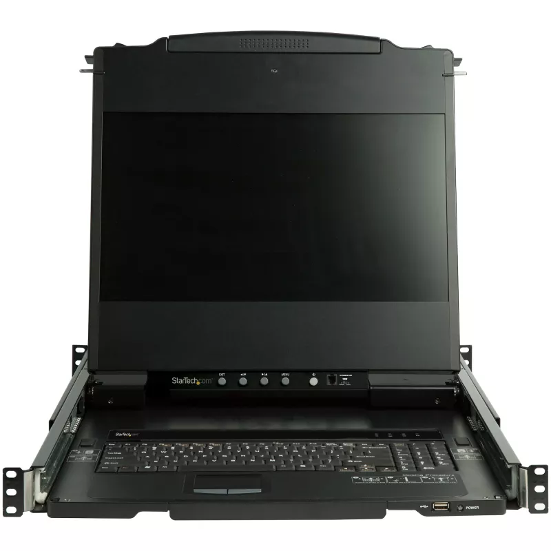 „StarTech.com“ dviejų bėgių stelažinis KVM konsolė su 17 colių LCD monitoriumi, HD 1080p, vieno prievado DVI/VGA KVM, USB palaikymu, 44230 MTBF