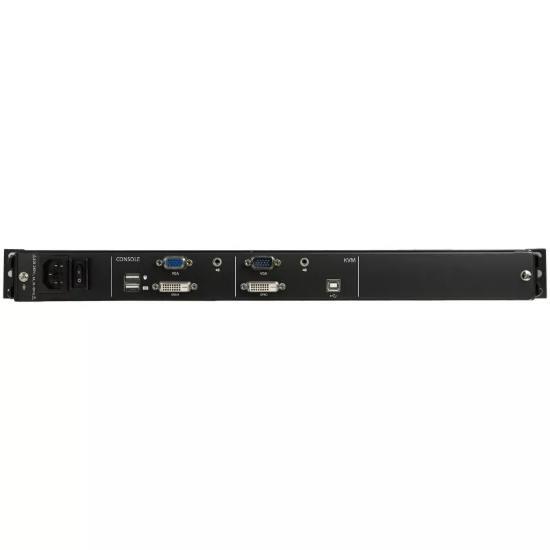 „StarTech.com“ dviejų bėgių stelažinis KVM konsolė su 17 colių LCD monitoriumi, HD 1080p, vieno prievado DVI/VGA KVM, USB palaikymu, 44230 MTBF