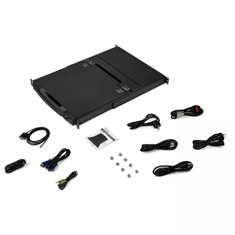 „StarTech.com“ dviejų bėgių stelažinis KVM konsolė su 17 colių LCD monitoriumi, HD 1080p, vieno prievado DVI/VGA KVM, USB palaikymu, 44230 MTBF