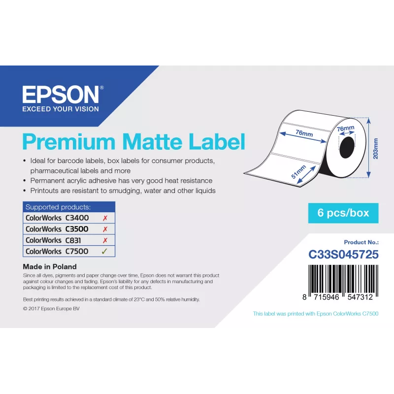 Epson Premium Matte lipdukai, ritininis pjovimas: 76 mm x 51 mm, 2310 vnt.