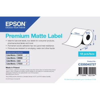 Epson Premium Matte Label nepertraukiamas ritinys 105mm x 35m, baltas, lipni etiketė, matinis