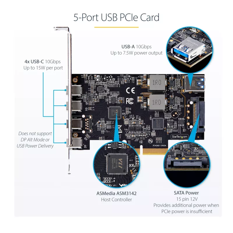 StarTech.com 5 prievadų USB PCIe kortelė, USB 3.2 10Gbps, PCI Express kortelė su 4x USB-C prievadais, 1x vidiniu USB-A prievadu, USB PCIe valdiklio kortelė, Windows/macOS/Linux