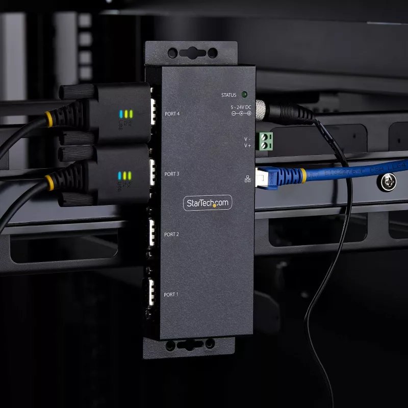 StarTech.com 4 prievadų nuosekliojo prievado į Ethernet adapteris, IP nuosekliojo prievado įrenginių serveris nuotoliniams RS232 įrenginiams, montuojamas ant sienos/DIN bėgio, metalinis korpusas, RJ45 LAN į DB9 nuoseklųjį keitiklį