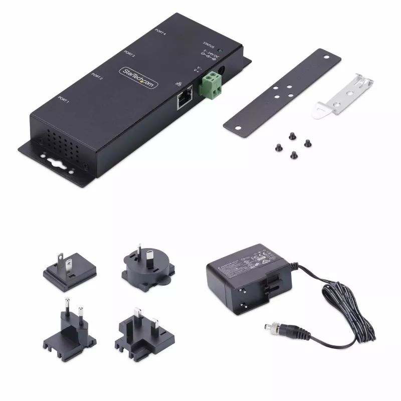 StarTech.com 4 prievadų nuosekliojo prievado į Ethernet adapteris, IP nuosekliojo prievado įrenginių serveris nuotoliniams RS232 įrenginiams, montuojamas ant sienos/DIN bėgio, metalinis korpusas, RJ45 LAN į DB9 nuoseklųjį keitiklį