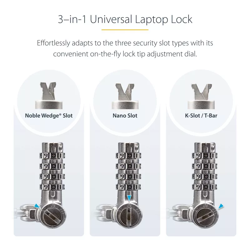 StarTech.com Universalus nešiojamojo kompiuterio kabelio užraktas 2 m, serijinis apsauginis kabelis, suderinamas su Noble Wedge®/Nano/K-Slot, bekombinacinis užraktas, TAA