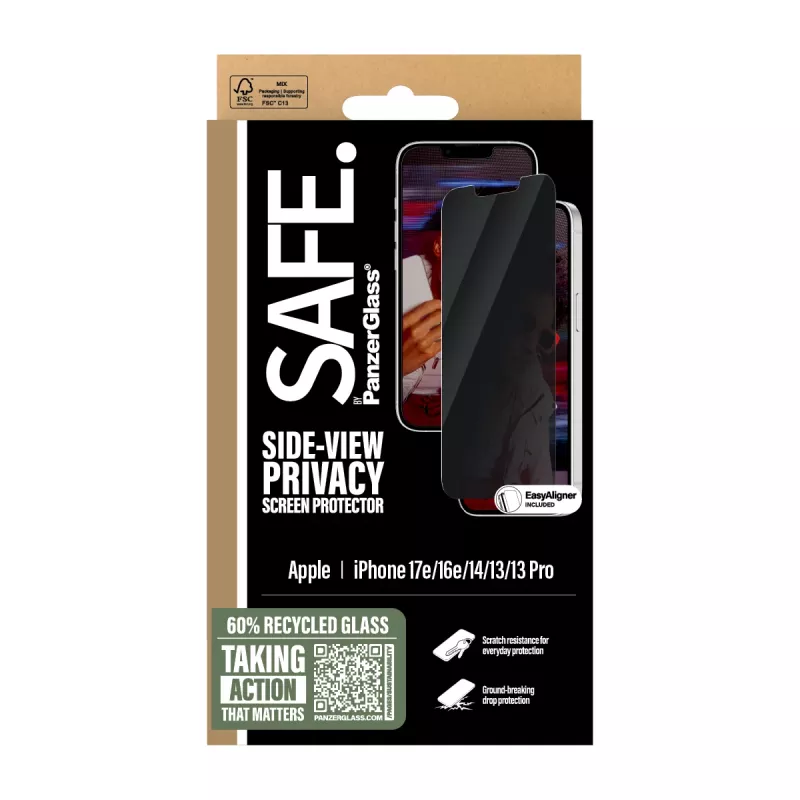 PanzerGlass SAFE.® privatumo ekrano apsauga iPhone 17e | 16e | 14 | 13 | 13 Pro | Ultra-Wide Fit su EasyAligner