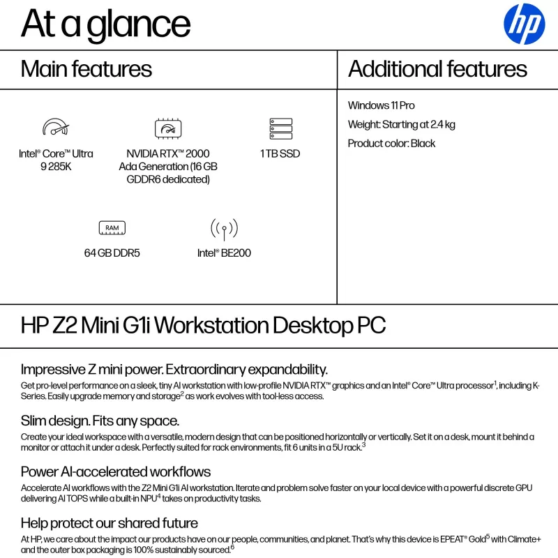 HP Z2 G1i Mini PC darbo stotis su Intel Core Ultra 9 285K, 64 GB DDR5, NVIDIA RTX 2000 Ada, Windows 11 Pro