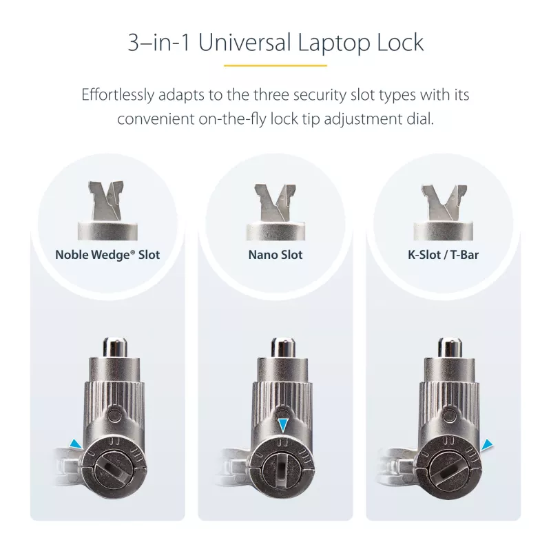 StarTech.com Universalus nešiojamojo kompiuterio užraktas 6,6 pėdų (2 m), apsauginis kabelis, tinkamas Noble Wedge/Nano/K-Slot, raktinis užraktas, apsauginis pjovimui atsparus anglinio plieno kabelis