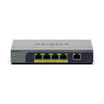 NETGEAR GS105EPP nevaldomas gigabitinio eterneto (10/100/1000) jungiklis su „Power over Ethernet“ (PoE), skirtas stalui/sienai, pilkas