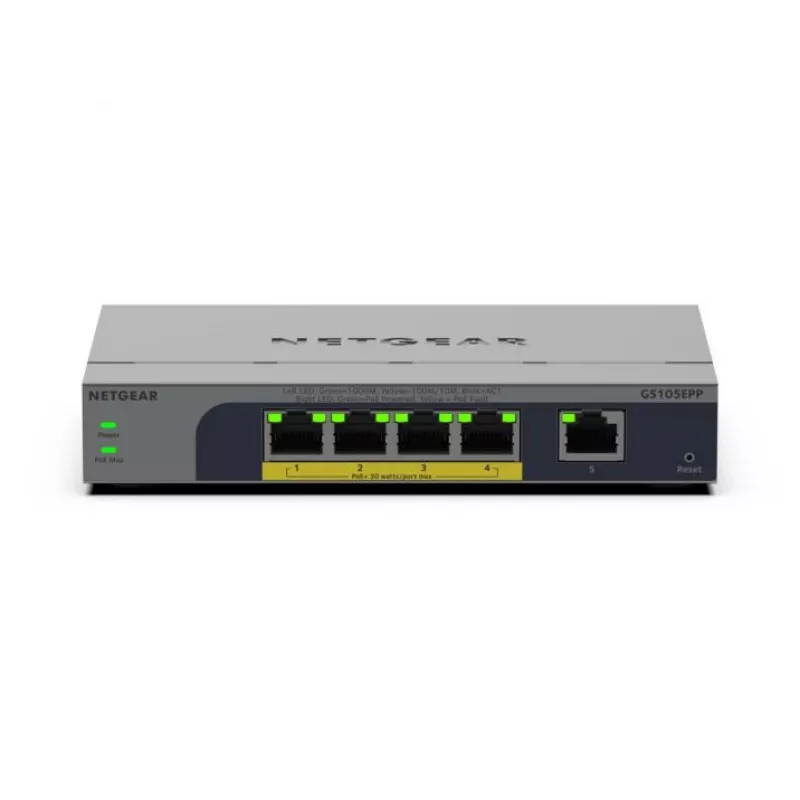 NETGEAR GS105EPP nevaldomas gigabitinio eterneto (10/100/1000) jungiklis su „Power over Ethernet“ (PoE), skirtas stalui/sienai, pilkas