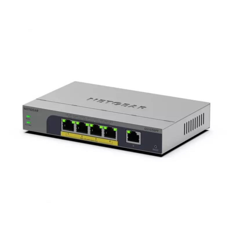 NETGEAR GS105EPP nevaldomas gigabitinio eterneto (10/100/1000) jungiklis su „Power over Ethernet“ (PoE), skirtas stalui/sienai, pilkas