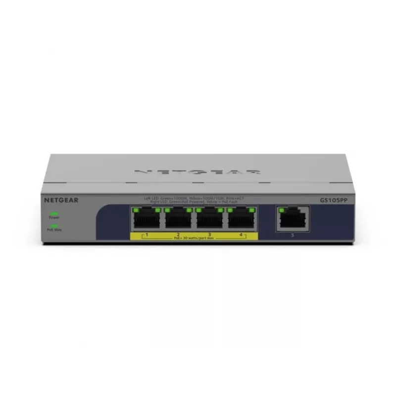 NETGEAR GS105PP nevaldomas Gigabit Ethernet (10/100/1000) maitinimas per Ethernet (PoE) stalinis / montuojamas ant sienos pilkas