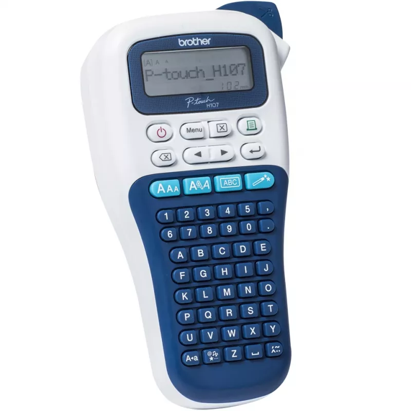 Etikečių spausdintuvas Brother PT-H107B – terminis perkėlimas, 180×180 DPI, 20 mm/s, TZe juostos 3,5/6/9/12 mm, LCD, AAA baterija