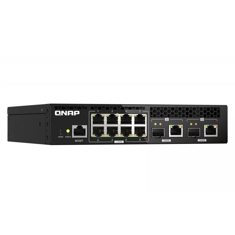 QNAP QSW-M2108R-2C valdomas L2 tinklo komutatorius, 8 x 2,5GbE + 2 x 10GbE SFP+/RJ-45 kombinuoti prievadai, pusinio pločio, tinka montuoti spintoje